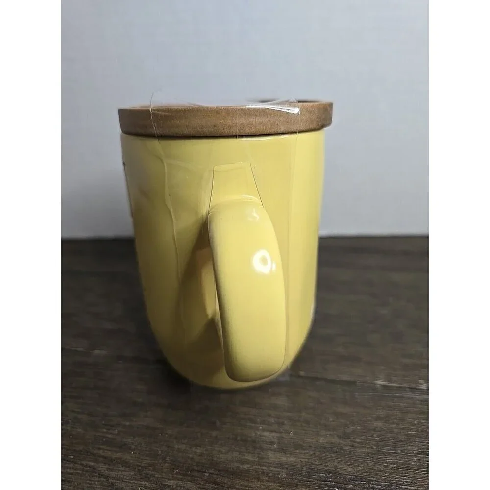 NWT Rae Dunn Artisan Let's Get Lost Yellow Ceramic Mug Wood Lid Coaster
